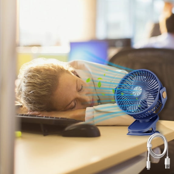 Clip-On USB Rechargeable Desk Fan with LED Light, 1200mAh Battery, 3 Speeds & 720° Rotation, Portable for Home, Office & Outdoor(Blue)