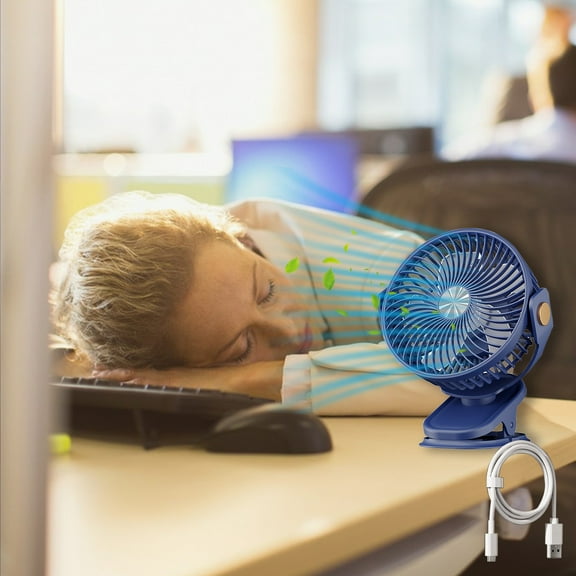 Clip-On USB Rechargeable Desk Fan with LED Light, 1200mAh Battery, 3 Speeds & 720° Rotation, Portable for Home, Office & Outdoor(Blue)