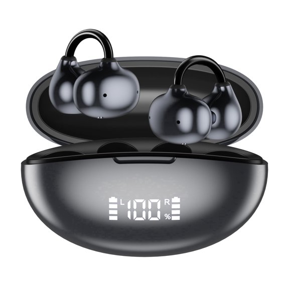 Cshidworld Clip-On Earbuds Bluetooth 6.0,Open-Ear Wireless with Mic,70H Playtime with LED Digital Display,IPX7 Waterproof, Deep Bass with ENC Clear Call, Lightweight Running Sport Earphones,Black