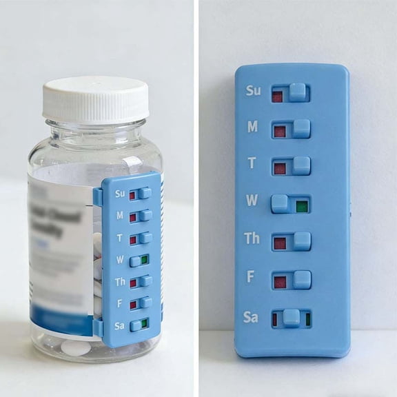 Clip On Pill Tracker for Medication Bottles, 7 Day Weekly Reusable Vitamin Reminder with Push Button Markers, Prevents Double Dosing & Missed Meds, Compact Travel Size for Seniors & Caregivers