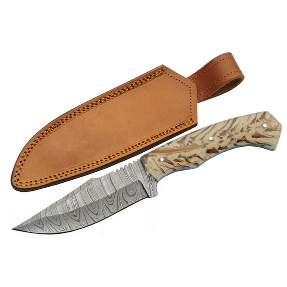 SZCO Supplies 9.75” Acrylic Casted Handle Snow Peak Damascus Steel Outdoor Hunting Knife With Sheath