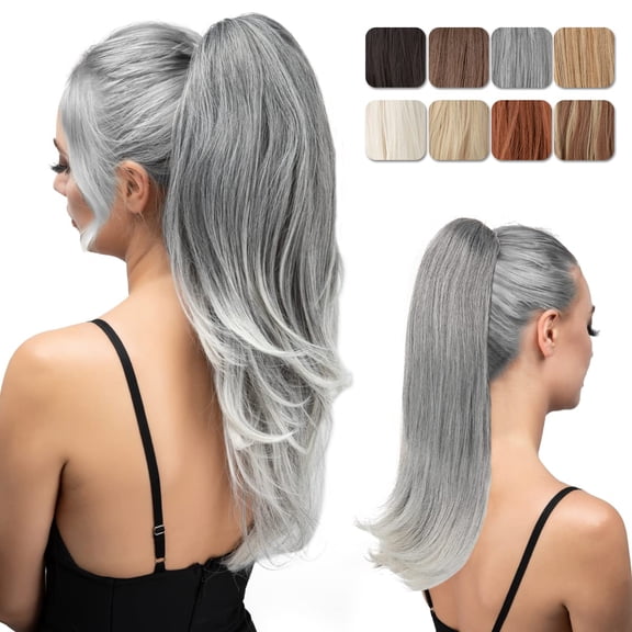 Clip in Ponytail Extension 18 Inch Pony Tails Hair Extensions for Women Long Straight Curly Tail Ponytail Hair piece Synthetic Fake Versatile Pony Black Mix Gray and Platinum Blonde Tips