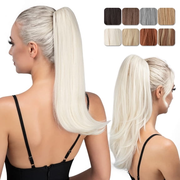 Clip in Ponytail Extension White Blonde 18 Inch Drawstring Pony Tails Hair Extensions for Women Long Straight Curly Tail Ponytail Hair piece Synthetic Fake Versatile Pony