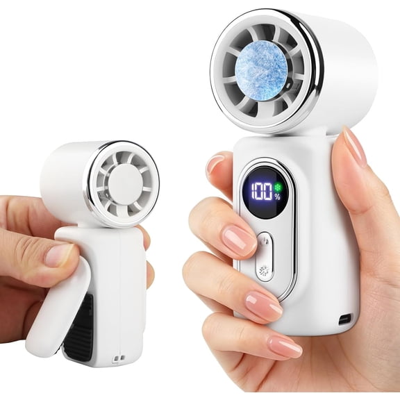 Clip- Portable Fan with Ice Cooling, 5 Speeds Rechargeable Handheld Mini Fan with LED Display, 180? Portable Turbo Fan for , Eye Lash, Travel, Concert, Beach, Gifts for Women (White)