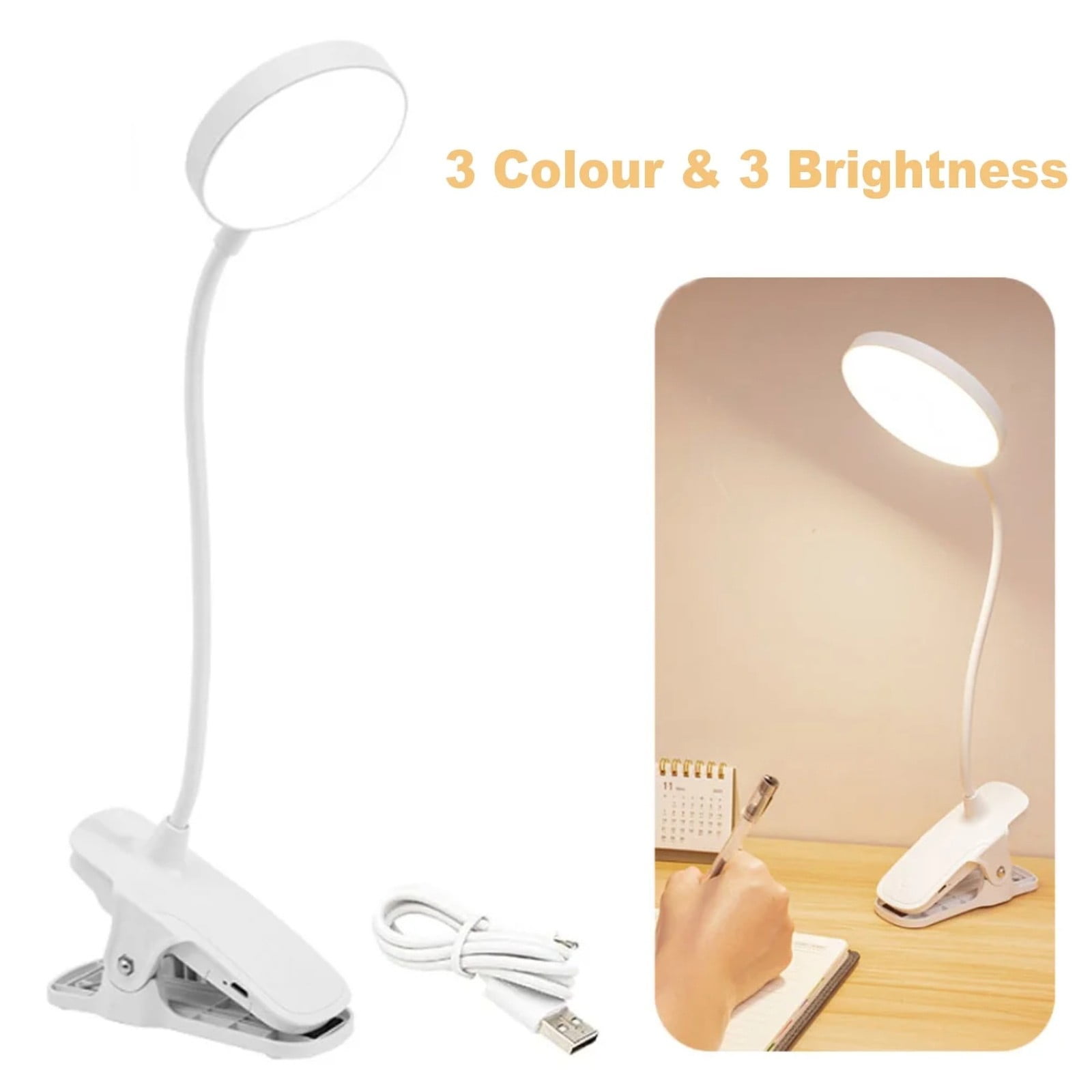 Portable LED Clip On Reading Lights 3 Brightness Rechargeable With USB Cable Fle