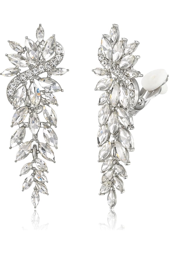 Clip On Rhinestone Chandelier Dangle Earrings, Marquise Crystal Wedding Bridal Statement Drop Non Piercing Earrings for Brides Bridemaids Women Formal Prom Jewelry[u803]