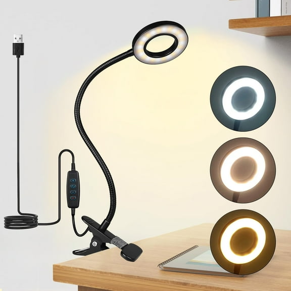 Clip on Ring Light, USB Desk Lamp with 3 Color Modes, 10 Brightness Levels, Eye Protection LED Desk Light, 360° Flexible Gooseneck LED Desk Lamp for Desk Headboard and Video Conferencing