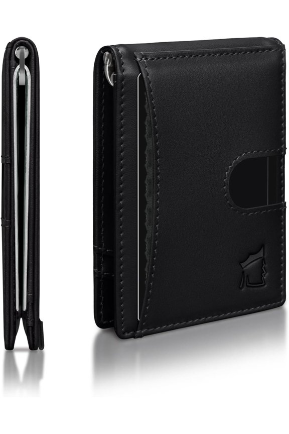Clip Slim Leather Wallet for Men with RFID Blocking & Clip - Minimalist Front Pocket Bifold Wallet Holds 12 Cards - Secure Card Holder with Easy Access Pull Tab