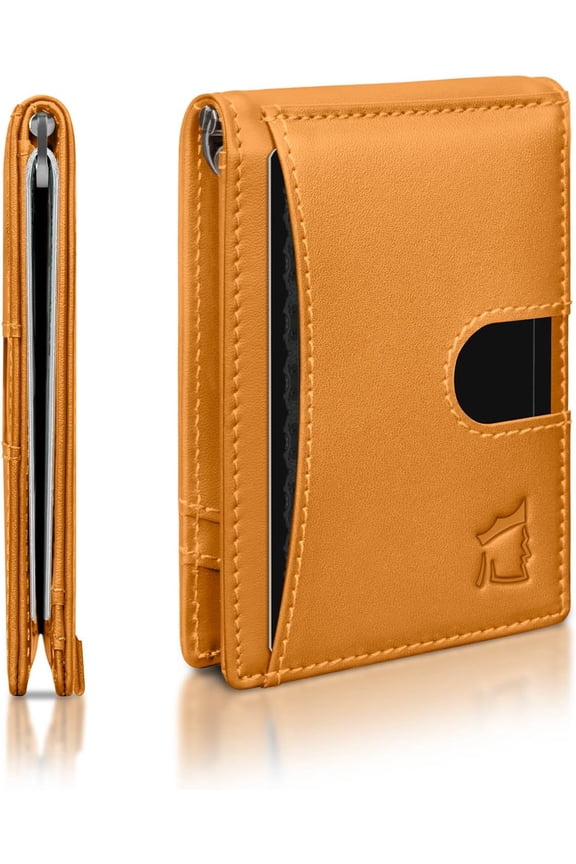 Clip Slim Leather Wallet for Men with RFID Blocking & Clip - Minimalist Front Pocket Bifold Wallet Holds 12 Cards - Secure Card Holder with Easy Access Pull Tab