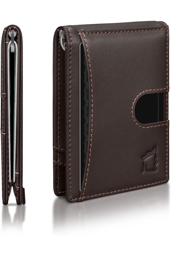 Clip Slim Leather Wallet for Men with RFID Blocking & Clip - Minimalist Front Pocket Bifold Wallet Holds 12 Cards - Secure Card Holder with Easy Access Pull Tab