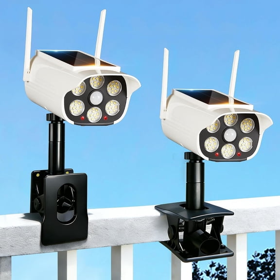 Clip Solar Cameras with Light, Motion Sensor Outdoor Lights, IP66 Dummy Camera for Gutter Fence Garages Warehouses (Clamp 2)
