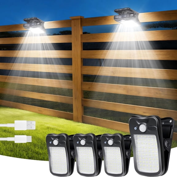Clip on Solar Lights for Fence, 60LED 500LM Motion Sensor Outdoor Security Light, 3 Lighting Modes IP65 Waterproof, Solar & USB Dual Charging Portable Lamp for Deck Garage Camping(4 Pack Black)