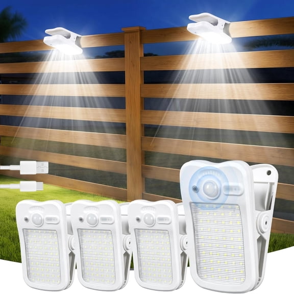 Clip on Solar Lights for Fence, 60LED 500LM Motion Sensor Outdoor Security Light, 3 Lighting Modes IP65 Waterproof, Solar & USB Dual Charging Portable Lamp for Deck Garage Camping(4 Pack White)