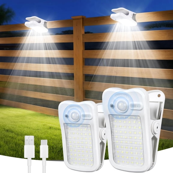 Clip on Solar Lights for Fence, 60LED 500LM Motion Sensor Outdoor Security Light, 3 Lighting Modes IP65 Waterproof, Solar & USB Dual Charging Portable Lamp for Deck Garage Camping（2 Pack White）