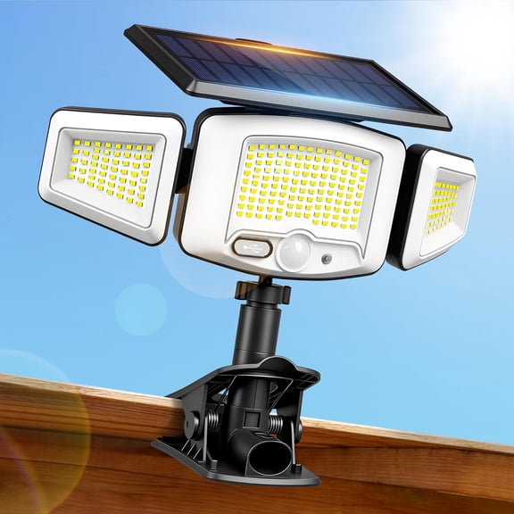Clip Solar Lights Outdoor, 231 LED 1500LM Motion Sensor Flood Lights with Solar & USB ,3 Heads 270? Wide Angle Solar Lights, IP65 lights for Fence Gutter Yard (1 Pack)