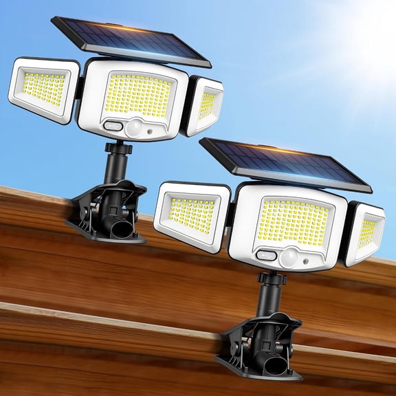 Clip  Solar Lights Outdoor, 231 LED 1500LM Motion Sensor Flood Lights with Solar & USB ,3 Heads 270? Wide Angle Solar Lights, IP65   lights for Fence Gutter Yard (2 Pack)