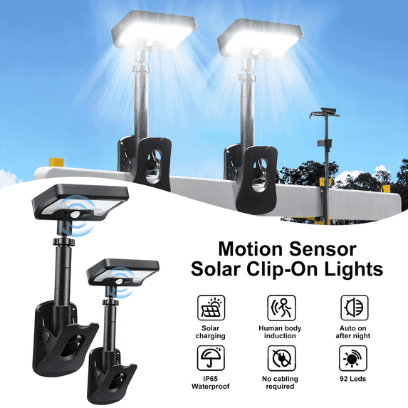 SPORTS JOY Solar Clip-on Lights with Motion Sensor,3-Mode,360 Degree Rotation,92 LEDs,600LM Dual Charging,Waterproof Solar Fence Lights for Patio,Camp,Wall,Camping (2Pcs)