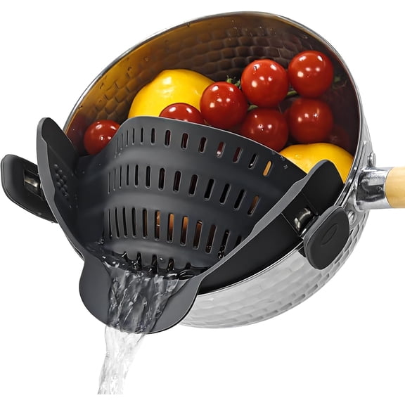 Clip On Strainer for Pots Pans, Silicone Clip-On Colander Pasta Strainer Heat Resistant Food Strainer Kitchen Gadgets for Meat Vegetables Fruit Noodles, Essential Home Cooking Tools - Gray