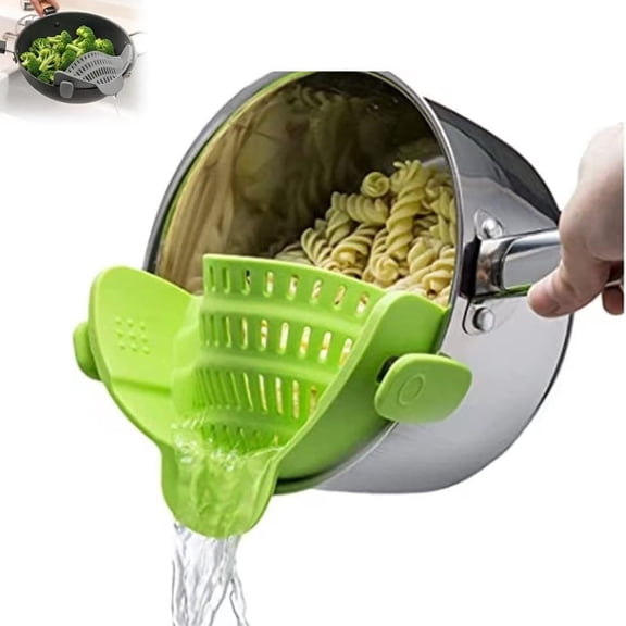 Clip on Strainer Silicone for All Pots and Pans, Pasta Strainer Clip on Food Strainer for Meat Vegetables Fruit Silicone Kitchen Colander, Adjustable Silicone Clip On Strainer, Green