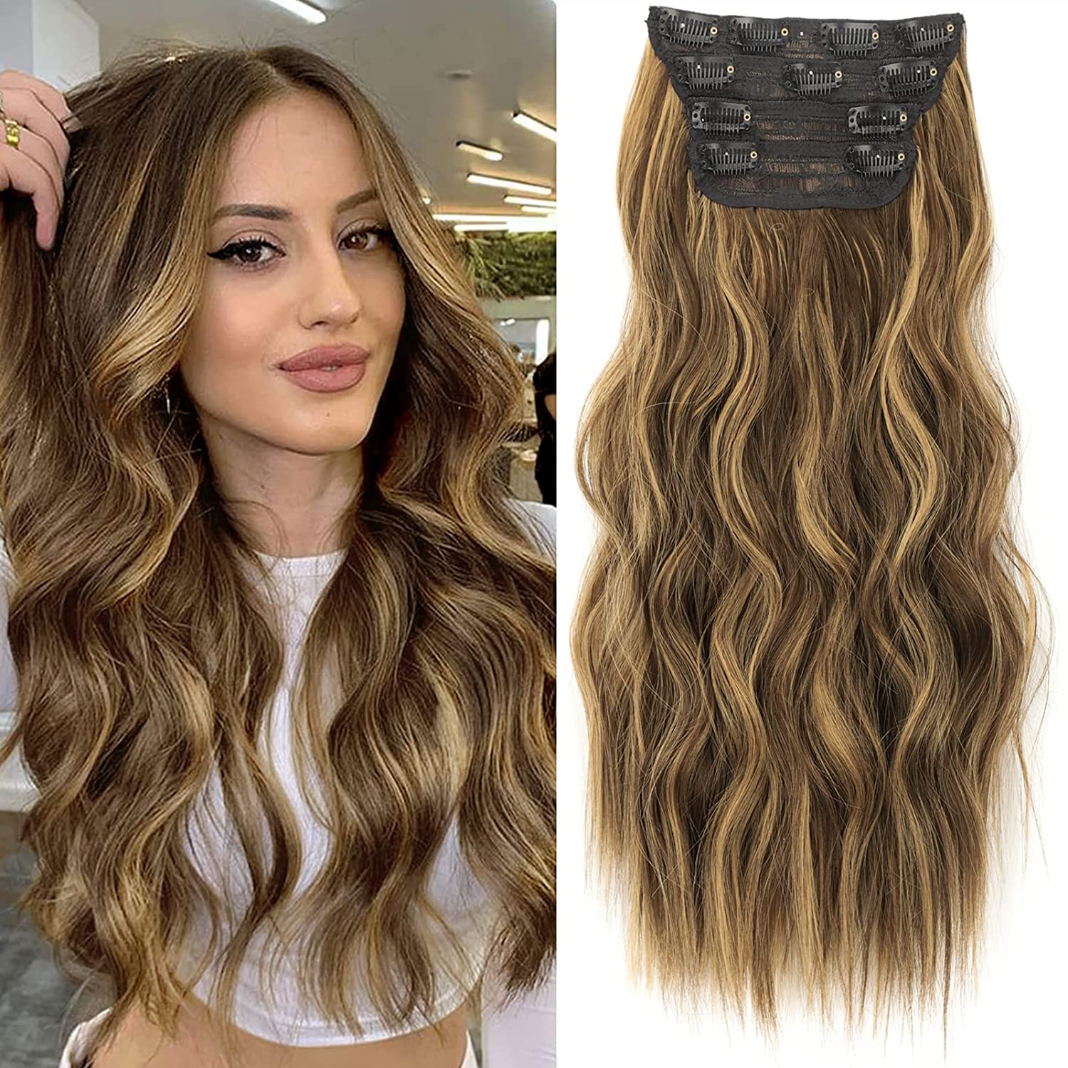 Clip in Synthetic Highlight Hair Extensions Long Wavy 4PCS Thick