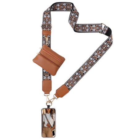 Clip and Go Strap for Phone with Wallet Crossbody, Cell Phone Lanyard with Zippered Pouch, Adjustable Phone Strap Crossbody with Wallet-Brown