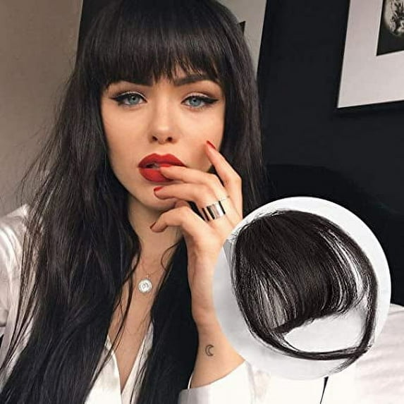 Clip in Bangs 100% Human Hair Extensions Reddish Brown Clip on Fringe Bangs with nice net Natural Flat neat Bangs with (Wispy Bangs, Brown Black)
