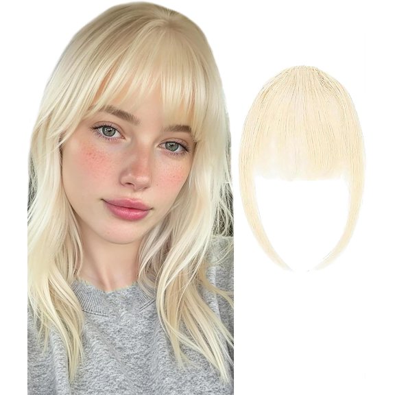Clip in Bangs Blonde Color 100% Real Human Hair Wispy Clip on Bangs Extensions Fringe with Temples Hairpieces for Women