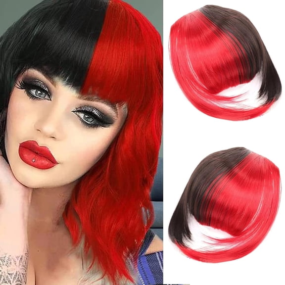 Clip-in French Bangs Hair Extensions for Women - Black & Red Air Bangs, Heat-Stylable Curved Bangs, Soft & Smooth, Adjustable for Realistic Look