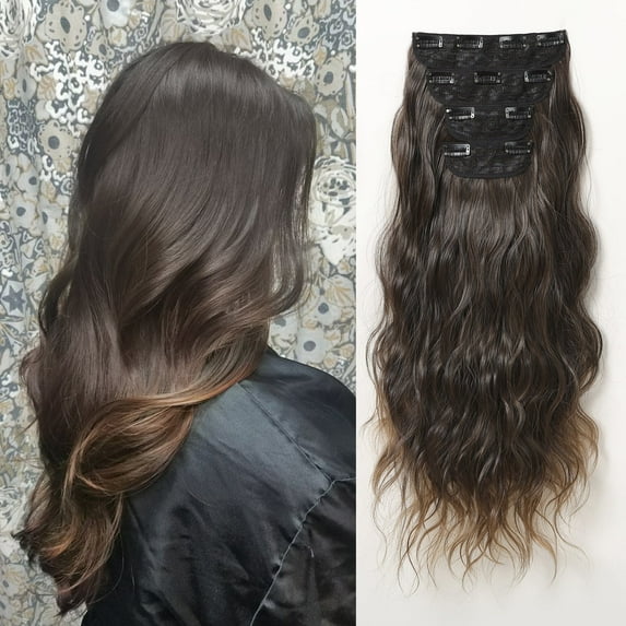 Clip in Hair Extensions 21 inches Long Brown Ombre Wavy Hair Extension 4PCS Hair Pieces Synthetic 11 Clips Hairpieces For Women