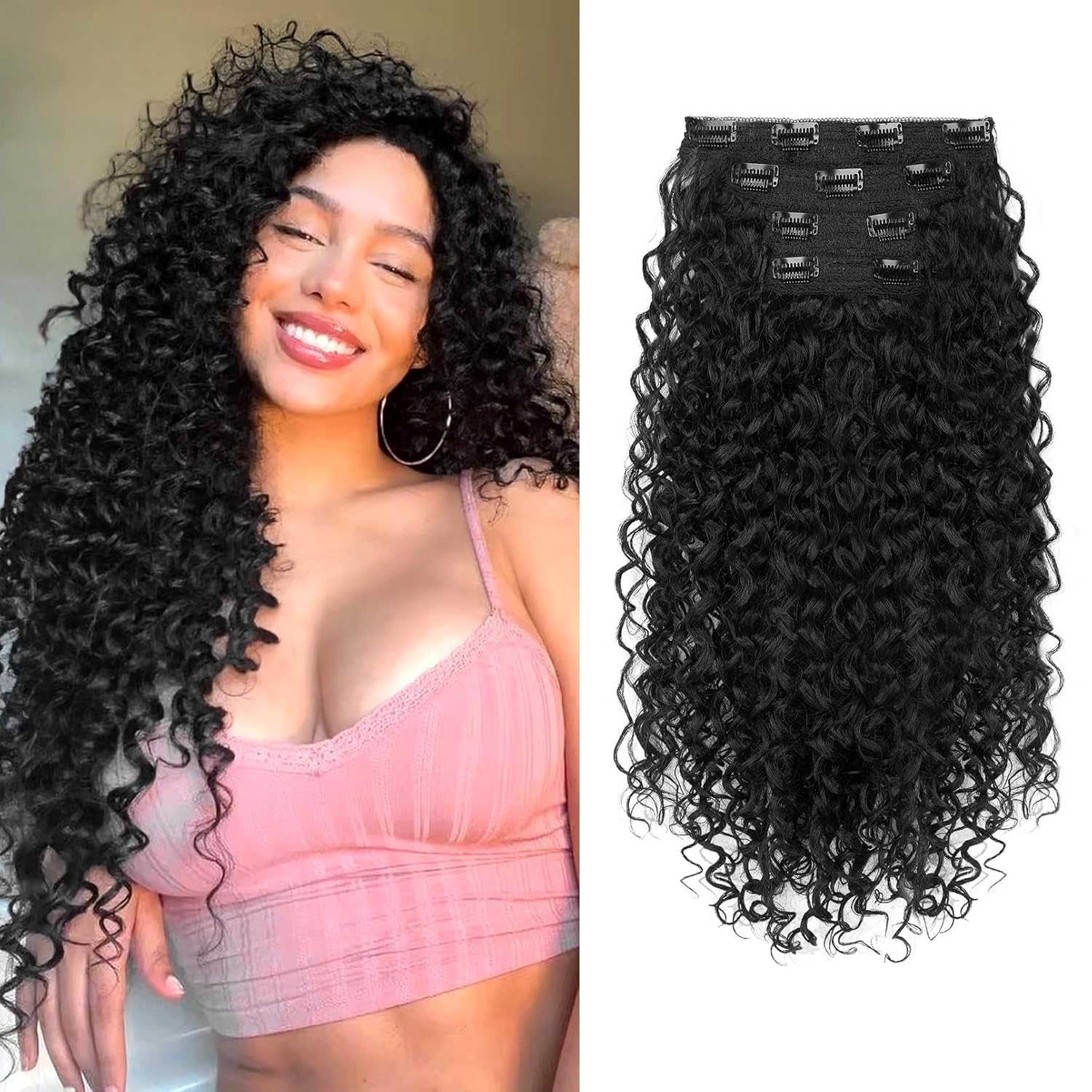 Clip In Hair Extensions Silk Hair 20 Inch Curly Natural Soft Women Black 4A CLIP INS – Sleek by Hailey main image 4
