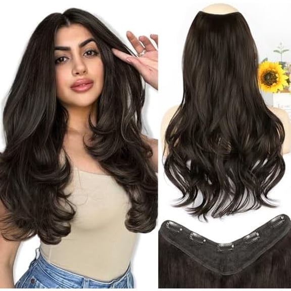 Clip in Hair Extensions,Dark Brown Long Wavy Hair Extensions Soft Synthetic Thick Hairpieces for Women 20 Inch