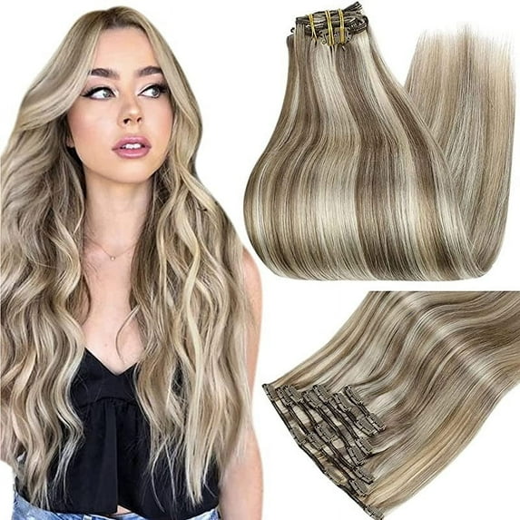 Clip-in Hair Extensions - Human Hair Clips Balayage (Highlights) 7pcs, 120g, Double Weft Human Hair Extensions for Women and Girls, 16 Inches