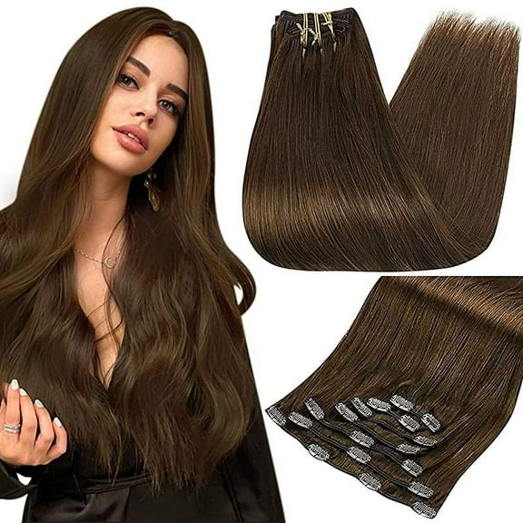 Clip-in Hair Extensions - Human Hair Clips Balayage (Highlights) 7pcs, 120g, Double Weft Human Hair Extensions for Women and Girls, 16 Inches