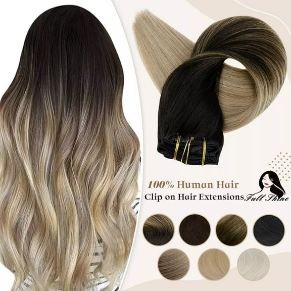 Clip-in Hair Extensions - Human Hair Clips Balayage (highlights) 7pcs, 120g, Double Weft Human Hair Extensions for Women and Girls, 12 Inches