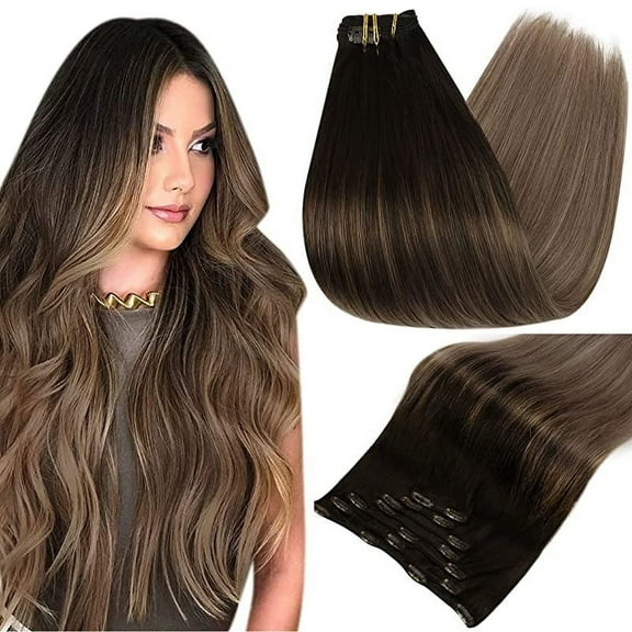 Clip-in Hair Extensions - Human Hair Clips Balayage (highlights) 7pcs, 120g, Double Weft Human Hair Extensions for Women and Girls, 12 Inches