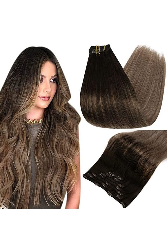 Clip-in Hair Extensions - Human Hair Clips Balayage (highlights) 7pcs, 120g, Double Weft Human Hair Extensions for Women and Girls, 12 Inches