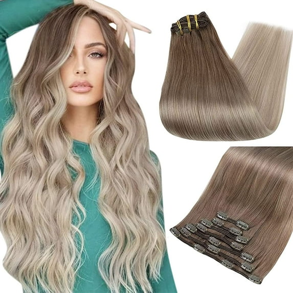 Clip-in Hair Extensions - Human Hair Clips Balayage (highlights) 7pcs, 120g, Double Weft Human Hair Extensions for Women and Girls, 12 Inches