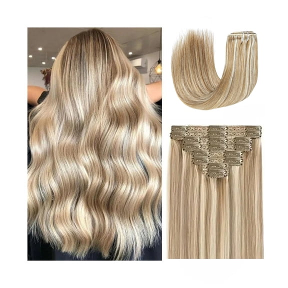 Clip in Hair Extensions Real Human Hair 16"-26" P8/613 Color Highlight Blonde Straight Hair Extensions 8Pcs Double Weft Clip in Remy Hair Extensions