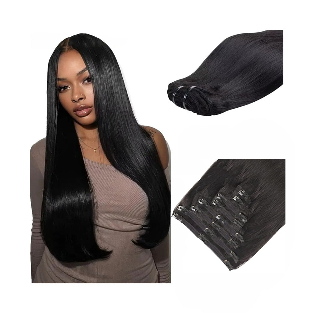 Clip in Hair Extensions Real Human Hair, Natural Black 120g 8Pcs 12-26 Inch Brazilian Remy Hair Extensions