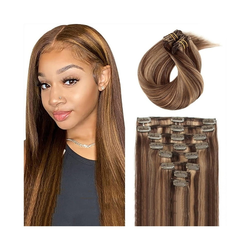 Clip in Hair Extensions Straight Real Human Hair, 16-26 Inch 120g, #4/27 Chocolate Brown to Caramel Blonde, Clip in Brazilian Remy Hair Extensions