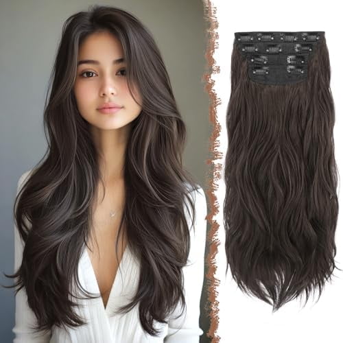 Clip in Hair Extensions for Women - 4 count Thick Double Weft Long Wavy Soft Synthetic Blends Well Hair Extension, 20 inch Black Brown
