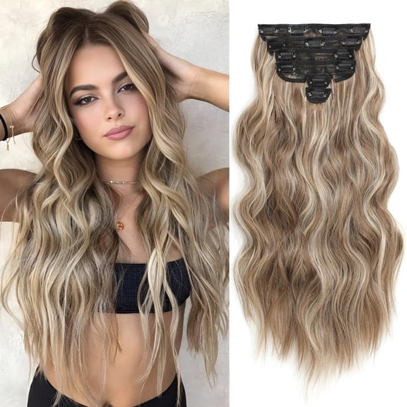 Clip in Hair Extensions for Women, 6PCS Long Wavy Curly Clip on Hair Extensions 20 Inch Honey Blonde Mixed Light Brown Synthetic Hairpieces
