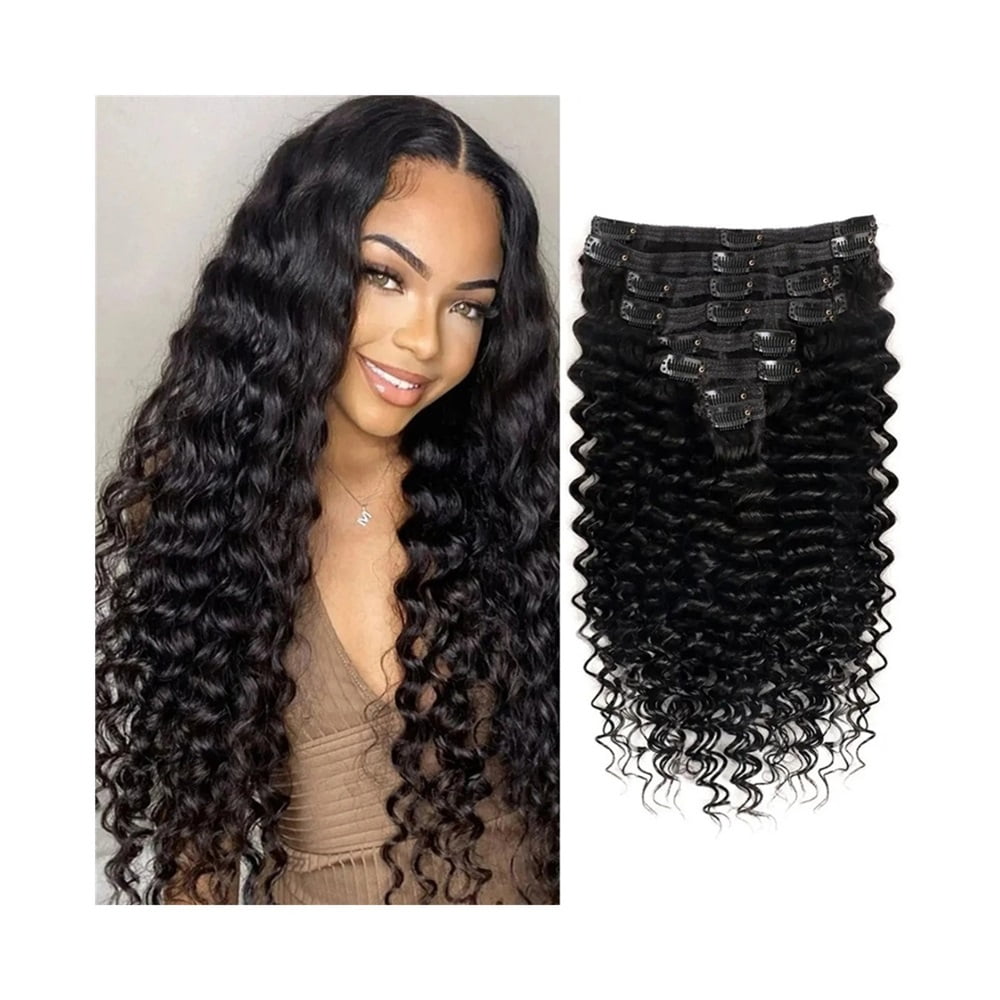 Clip in Hair Extensions with 18 Clips Deep Wave Real Human Hair Curly Thick to Ends Natural Black