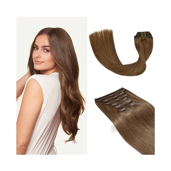 Clip in Human Hair Extensions #6 Chestnut Brown 8 Pcs 16-26 Inch Double Weft Thick Soft Skily Straight Remy Hair Extensions for Women