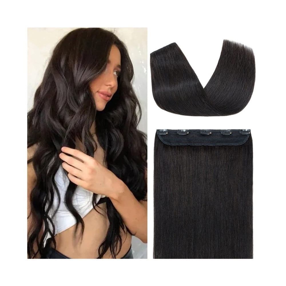 Clip in Human Hair Extensions One Piece Clip Ins Straight Hair Extensions 10-26 Inch Natural Black Remy Hair Piece Extensions with 5 Clips