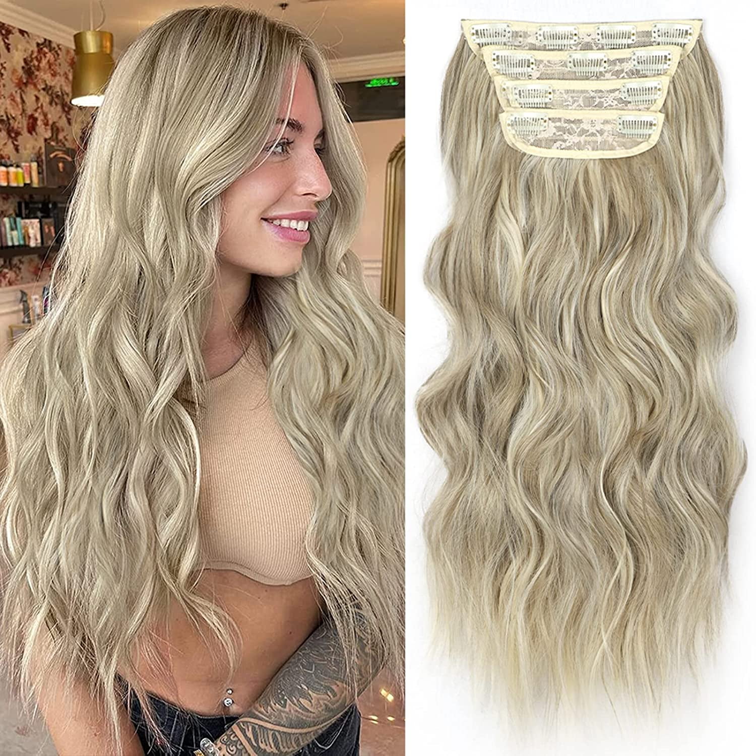 Clip in Long Wavy Synthetic Hair Extension 20 Inch Ash Brown Mixed Platinum Blonde 4PCS Thick Hairpieces Fiber Double Weft Hair for Women