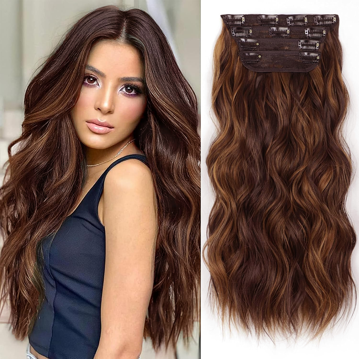 Clip in Long Wavy Synthetic Hair Extension 20 Inch Balayage Dark Brown to Chestnut 4PCS Thick Hairpieces Fiber Double Weft Hair for Women