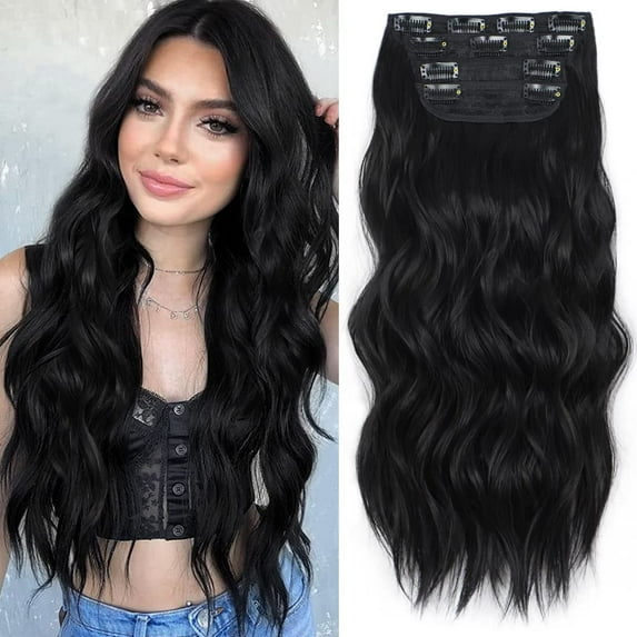 Clip in Long Wavy Synthetic Hair Extension 20 Inch Black 4PCS Thick Hairpieces Fiber Double Weft Hair for Women