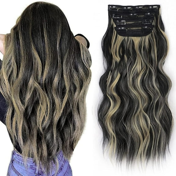 Clip in Long Wavy Synthetic Hair Extension 20 Inch Black Mixed Blonde 4PCS Thick Hairpieces Fiber Double Weft Hair for Women