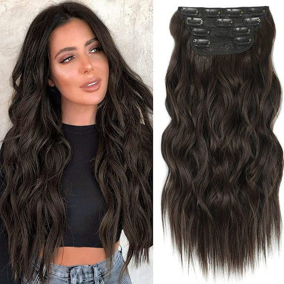 Clip in Long Wavy Synthetic Hair Extension 20 Inch Dark Brown 4PCS Thick Hairpieces Fiber Double Weft Hair for Women